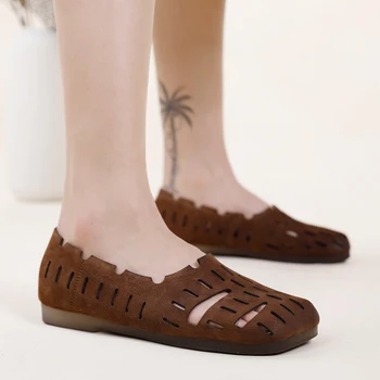 

vallu 2020 spring and summer new leather square head soft bottom hole shallow mouth flat bottom comfortable retro single shoes
