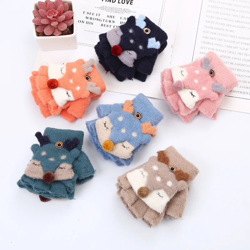 Детские зимние теплые перчатки с милым мультяшным оленем, От 1 до 3 лет, детские варежки для мальчиков и девочек, мягкие теплые вязаные шерстяные перчатки для новорожденных