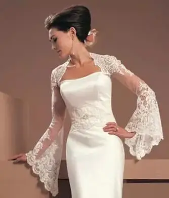 Elegant Lace Wedding Jacket Long Sleeve White Ivory Bridal Bolero Wraps Applique 