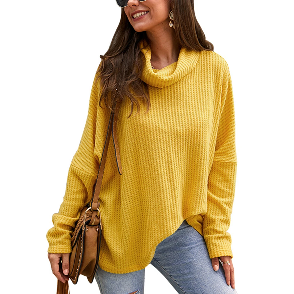 

Sweaters Waffle Knit Pullover Women Turtleneck High Neck Loose Batwing Sleeve Casual Jumper Tops Female Autumn