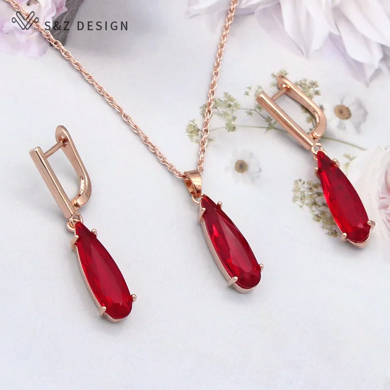 S&Z DESIGN New Fashion Water Drop Crystal Jewelry Sets For Women 585 Rose Gold Color Dangle Earrings Pendant Necklace