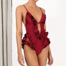 Сексуальный сетчатый купальник, женский купальник, сдельный гофрированный Монокини, купальный костюм с пуш-ап, женская пляжная одежда, Одноцветный купальник