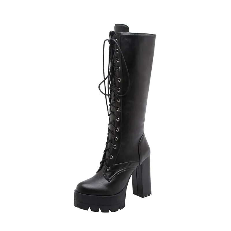 YMECHIC, белые, черные ботинки на очень высоком каблуке со шнуровкой Женская обувь в готическом стиле на платформе с перекрестной шнуровкой мотоботы до середины голени в стиле панк