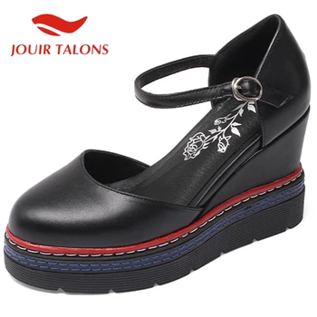 

JOUIR TALONS 2020 Dropship Genuine Leather Women Shoes Round Toe Wedges Med Platform Summer Casual Woman Sandals