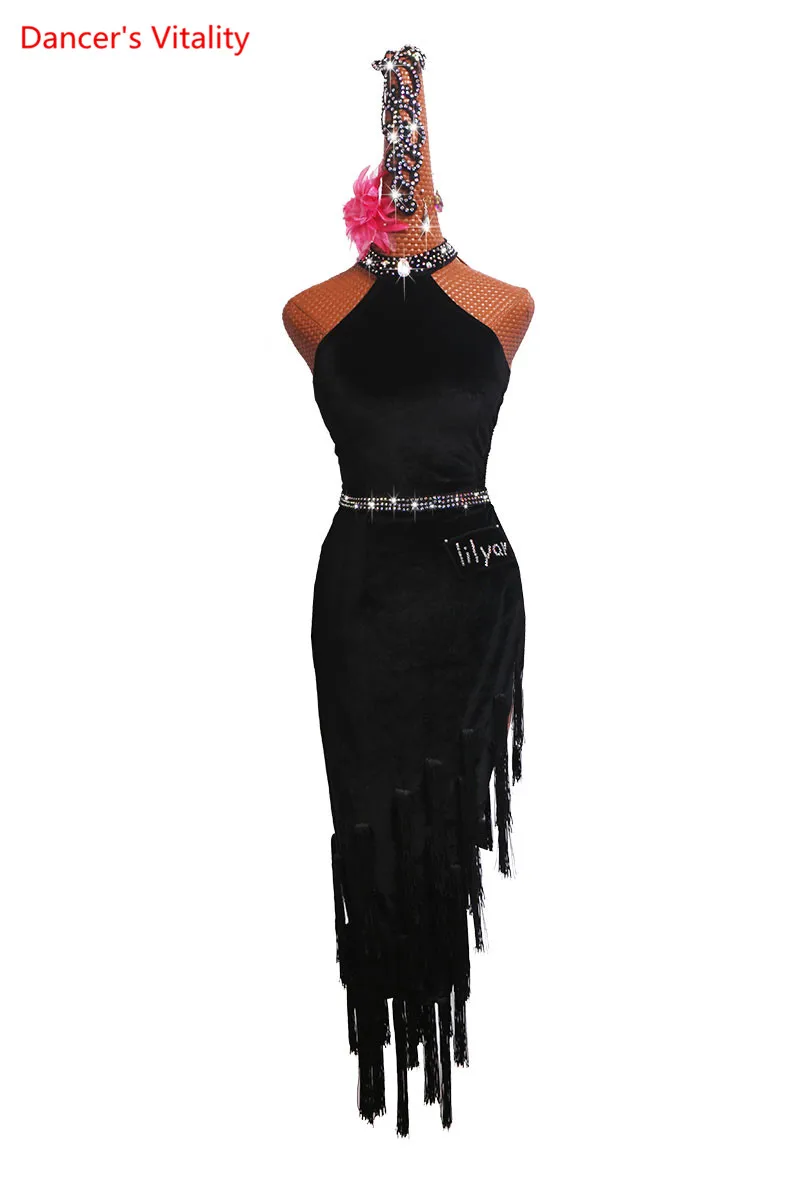 Латинские танцевальные костюмы для выступления производительность женский, черный бархат Плечи Роскошные алмазное сексуальное платье