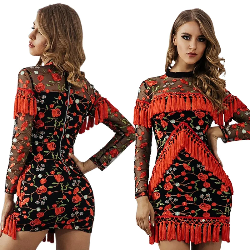 Vrouwen Geborduurde Sexy Kwastje Herfst/Winter Dress Lange Mouwen Toevallige Elegante Jurk Club Party Club Korte Vrouwen Geborduurde Sexy Kwastje Herfst/Winter Dress Lange Mouwen Toevallige Elegante Jurk Club Party Club Korte