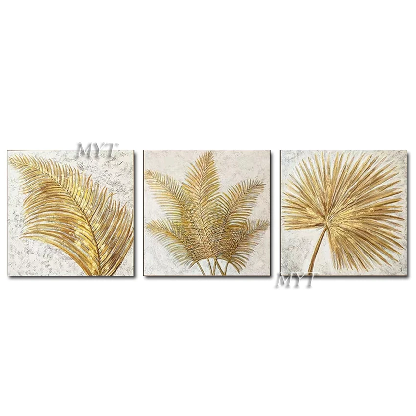 

100% Real Painting Hand-painted 3 3d Golden Leaf Pictures, Painting Canvas Mural, Living Room Painting