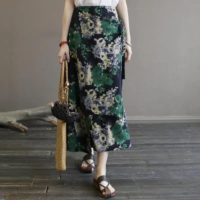 Винтажные юбки Цветочные прямые до середины икры Длина ампир Талия Женская одежда Новая Летняя Повседневная Свободная Женская юбка