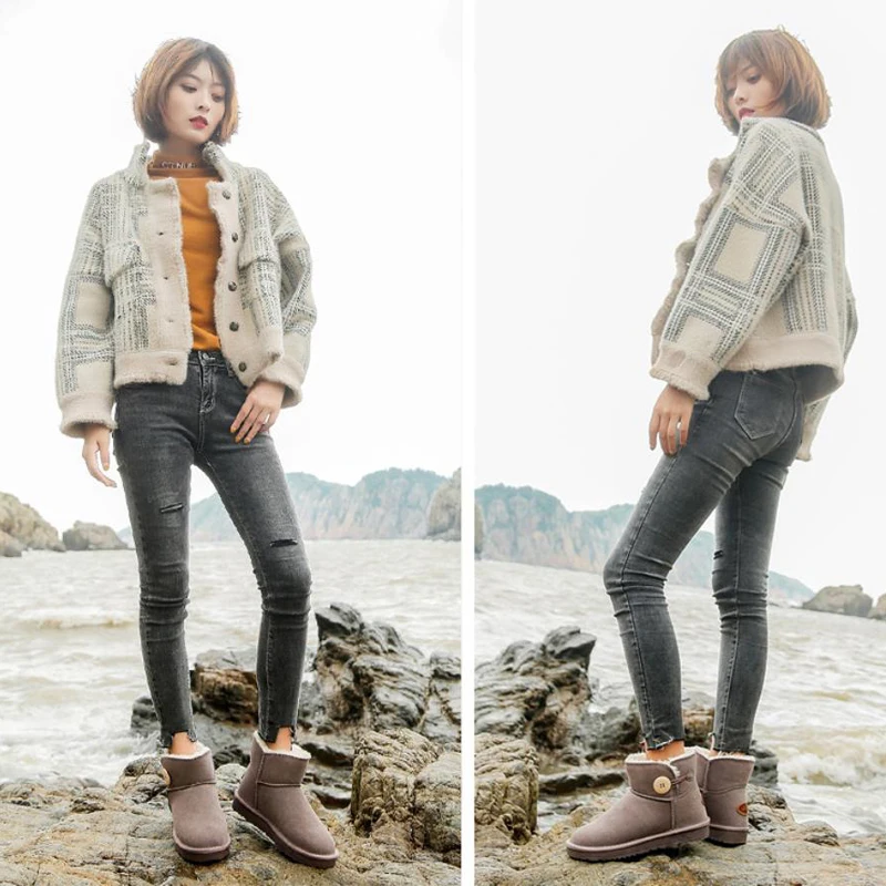 Cena Skórzane buty śniegu kobiet 2019 zima nowa tuba drewniane przycisk pogrubienie ciepłe wodoodporne śnieg bawełniane kobiet