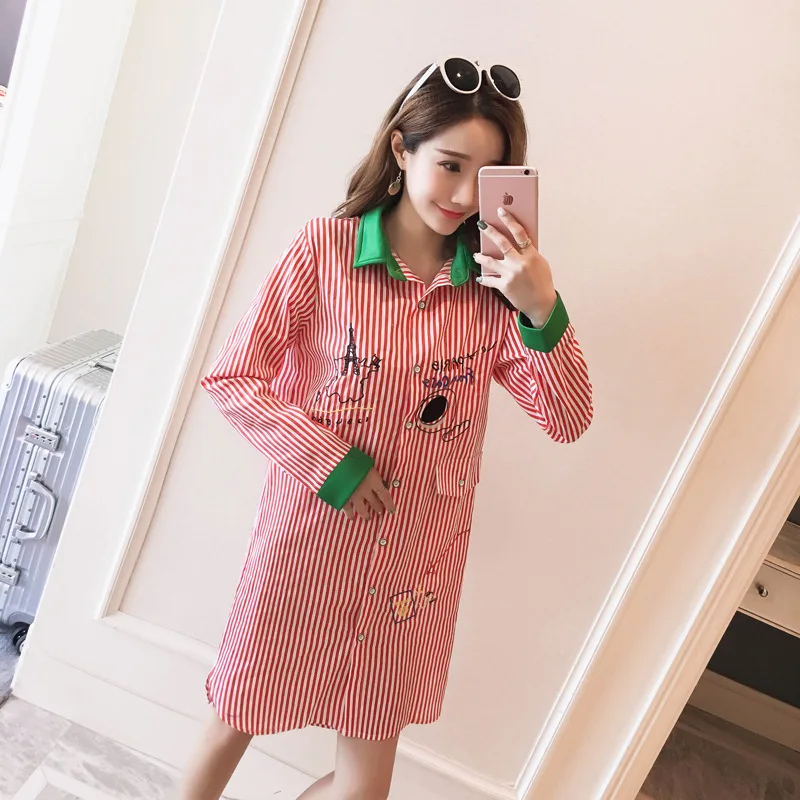 

2019 Maternity Clothes Spring And Autumn Fold-down Collar Embroidery Long Sleeve Casual Shirt Korean-style Pregnant Women Medium