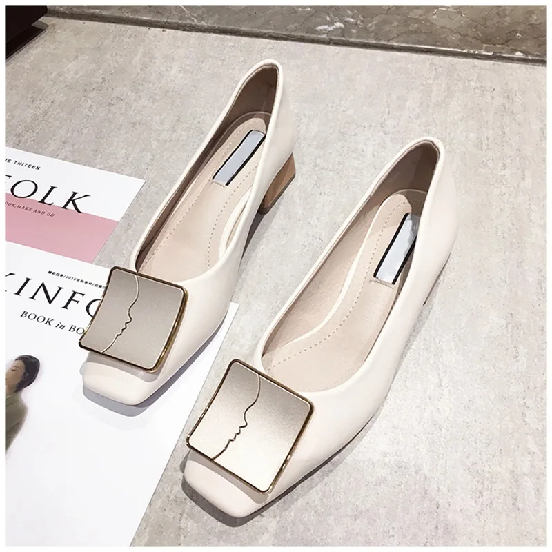 SUOJIALUN Luxury Women Spring Flat Shoes Square Toe Medium Heels Fashion Metal Boat Low Heels Shoes Women Dress Shoes