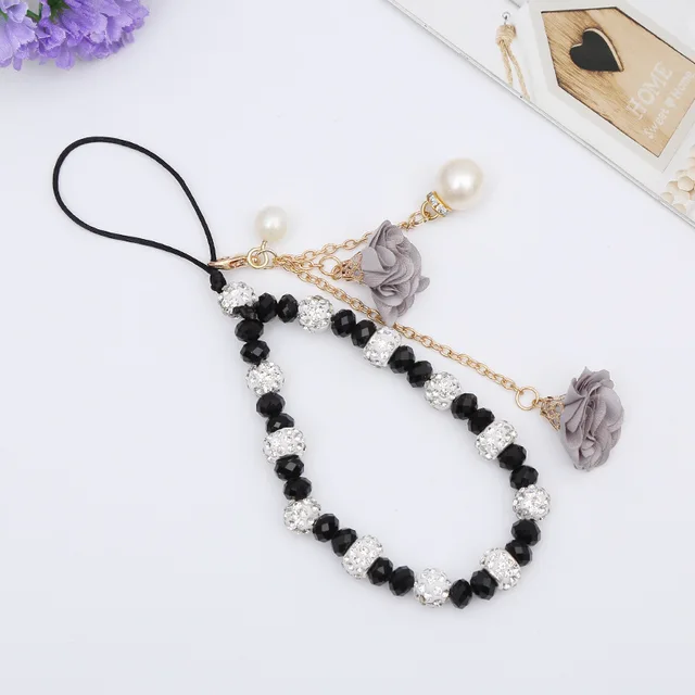 Shellnail Mobile Phone Lanyard Short Hand Strap for Key USB Diamond Bracelet Phone Case Flower Pendant DIY Tassel Phone Straps black