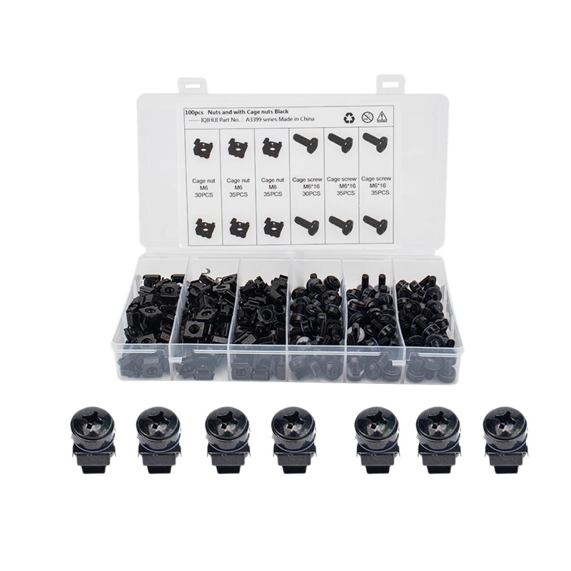 

100Pcs M6x16 18 12mm Nuts and Screw Screw with Cage Nuts Black for Server Rack Cabinet Rack Mount Screws and Square Nuts