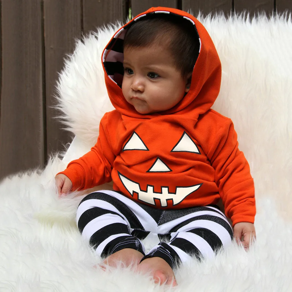 

Halloween children clothes boy Infant baby girl fall clothes Pumpkin Hoodie T Shirt+ Stripe Pants Costume halloween outfits Set