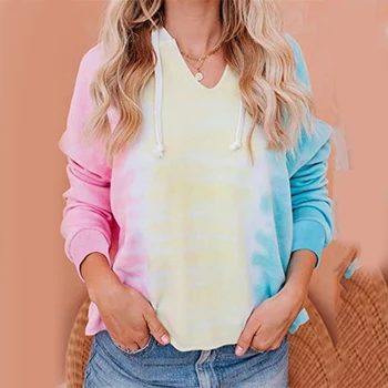

Women Tie Dye Print Hoodie Autumn Long Sleeve V Neck Loose Hooded Sweatshirt Harajuku Graphic Hoodies for Teen Girls Ladies Tops