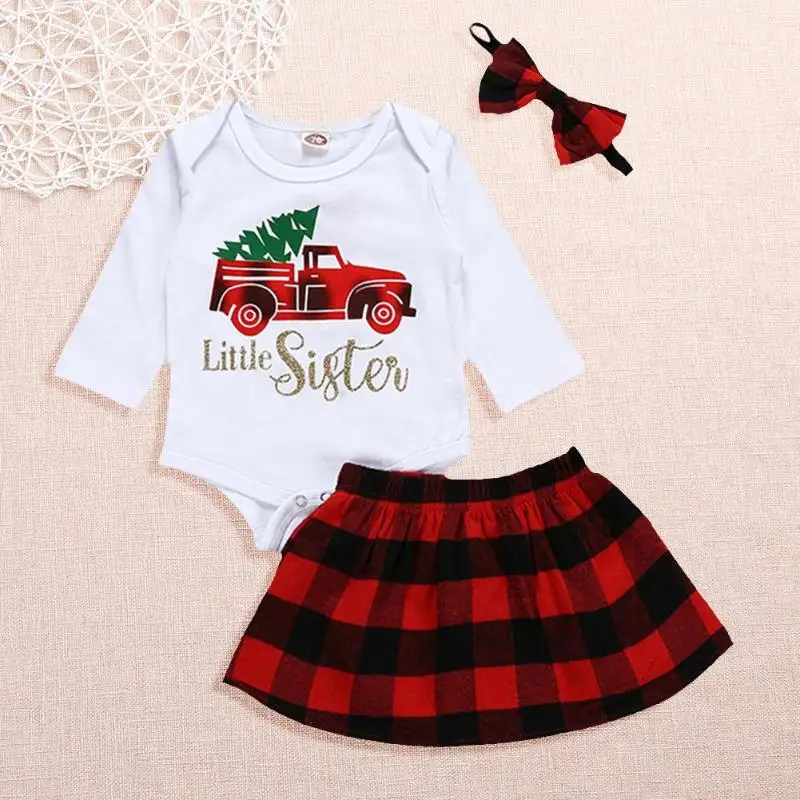 

2020 Christmas Toddler Girls Spring Clothes Set Newborn Letter Print Romper Plaid Skirt Headdress Baby Girls Clothing Set Xmas