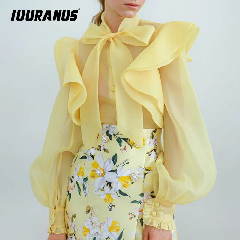 

IUURANUS Bowknot Shirt For Women Stand Collar Lantern Long Sleeve Ruffle Shirts Blouse Female 2019 Summer Fashion New