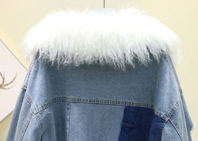 New Lamb Hair Parka Cotton Coat Woman Winter Cowboy Jacket Women Detachable Wool Liner Fur Collar Thick Warm Jeans Coats Mujer