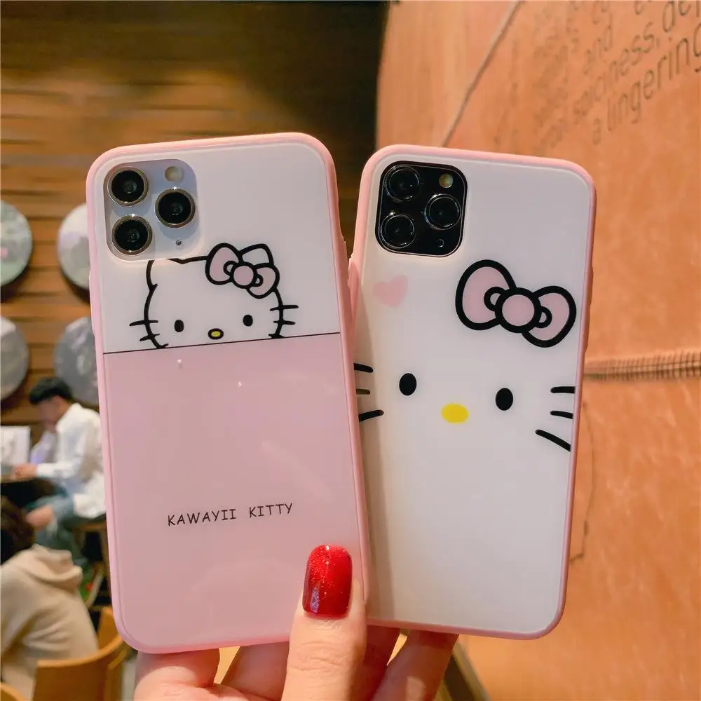 

Hello kitty Tempered glass Two-piece phone case for iphone 11 Pro Max 6 6sPlus 7 8 plus X XR XS MAX Anime Tempered film cover