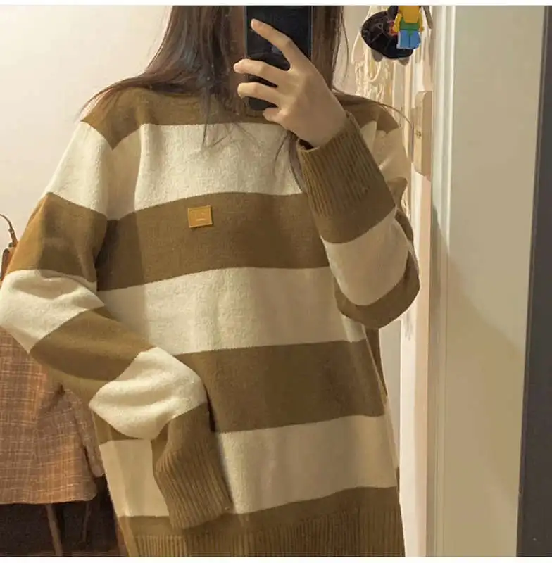 

Women And Men Smile Stripe Sweater Autumn Winter O Neck Loose Knitted Pullover Tops