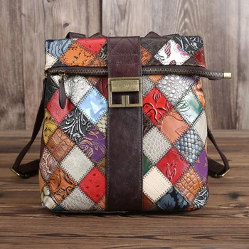

SIMLINE Genuine Leather Backpack Women Vintage Patchwork Small Backpacks Shoulder Bag School Bags Zip Daypack For Grils Female