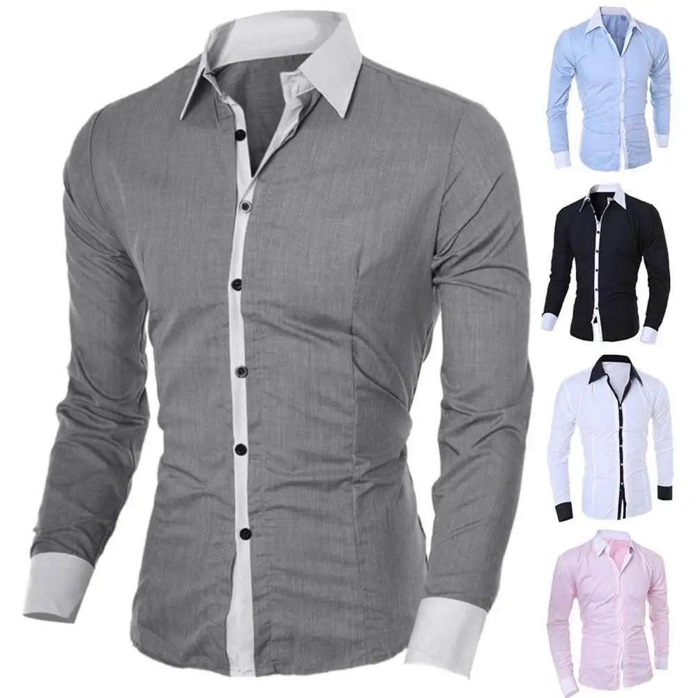 Men's Long Sleeved Color Block Cuff Slim Shirt Chest Pocket suit shirts Casual Button turn Down collar business Shirts