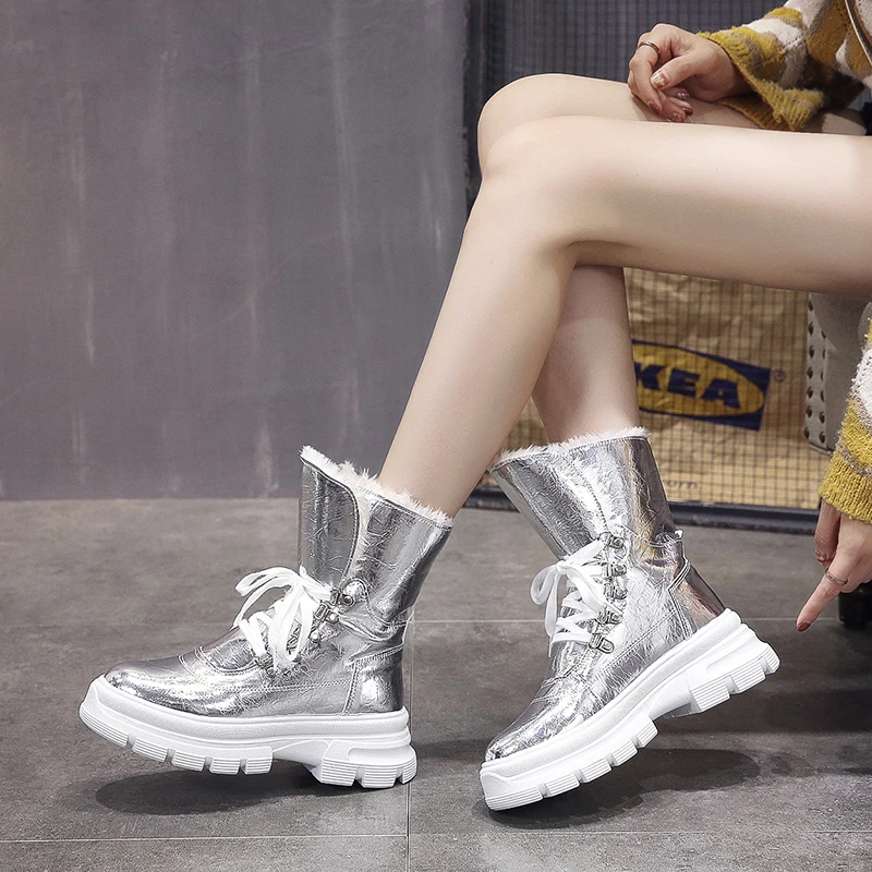 Г., модные брендовые зимние ботинки на искусственном меху женские ботильоны теплая обувь высококачественная повседневная женская обувь на платформе с круглым носком - Цвет: Серебристый