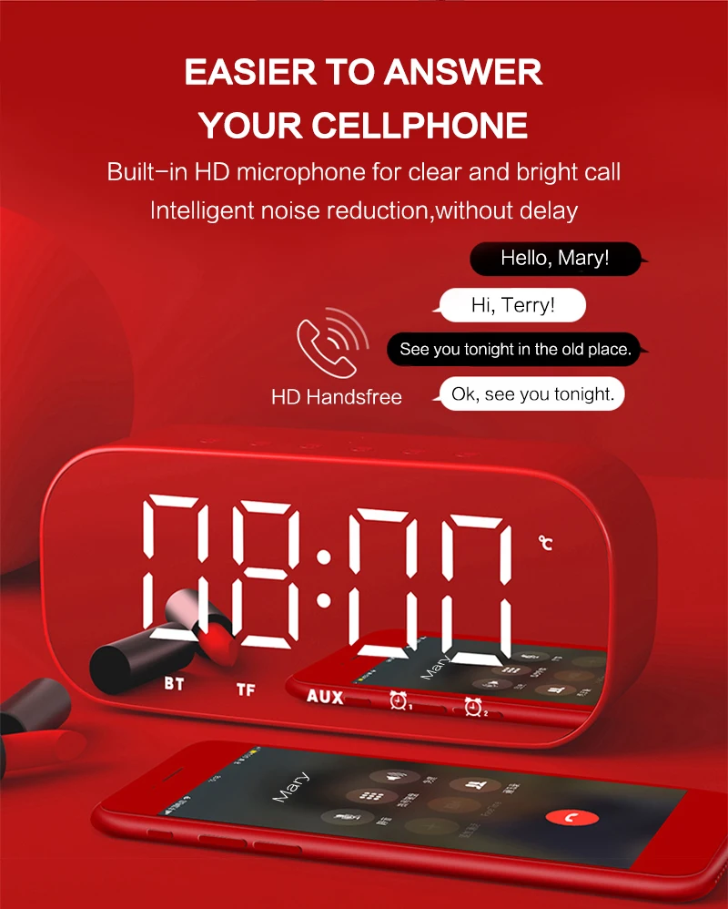 Bluetooth динамик с fm-радио светодиодный Будильник с зеркалом сабвуфер музыкальный плеер Повтор Настольные часы беспроводные