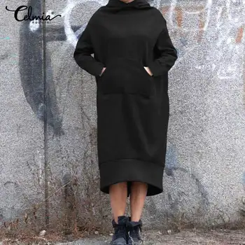 

Celmia Women Hooded Sweatshirt Dress Autumn Female Long Sleeve Hoodies Midi Dress Winter Pullover Vestido Robe Femme Plus Size 7