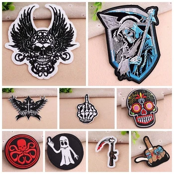 

Ghost Skull Punk Badges Embroidered Applique Reaper's Scythe Iron On Patches Clothes DIY Garment Stickers Apparel Accessories