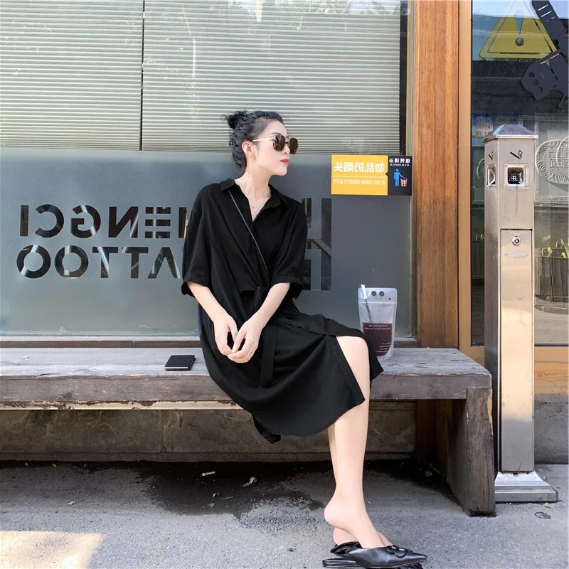 

Elegant Shirt Waist Bandage Cloth Dress Women's Summer Western Style Versatile Loose-Fit High-waisted Mid-length Waist Hugging S