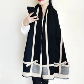 

Chanycore Korean bow Fashion Winter scarf cashmere pashmina women scarfs Colorblock double-sided warm thick shawl for ladies