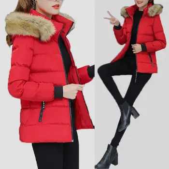 

Winter Women Solid Color Zip Faux Fur Hooded Slim Short Cotton Coat Down Jacket