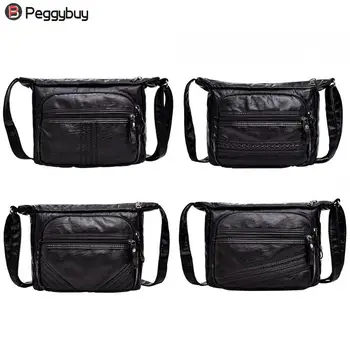 

New Fashion Women Washing soft leather Black Large Capacity Bags Washed Soft Leather Shoulder Crossbody Bag Handbags