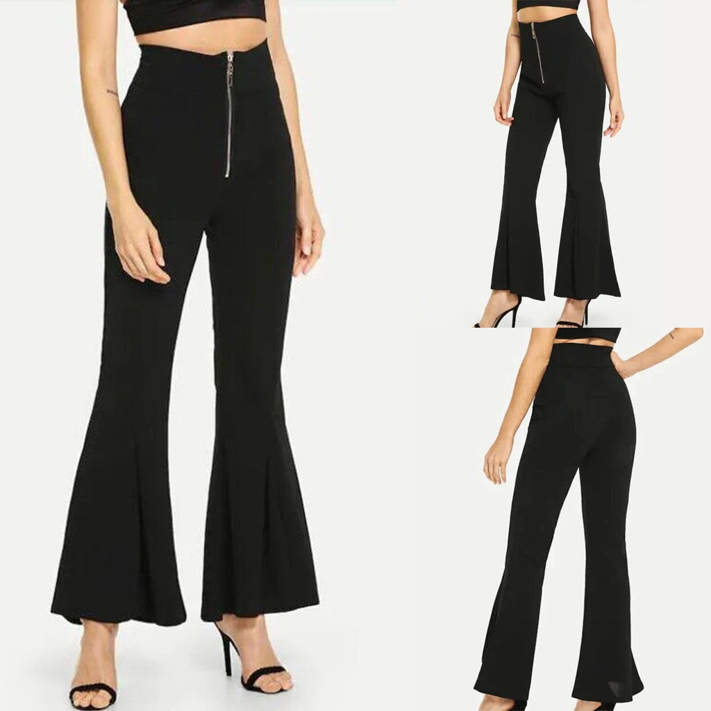 Women Autumn Easy Regular Trousers Flare High Waist Hippie Slim Zipper Pants Female Flare Palazzo Fashion Streetwear 808