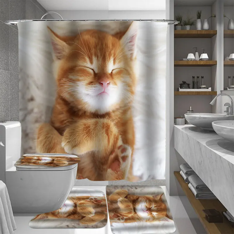 

4 Pcs Shower Curtain/Bath Mat/Toilet Pad Set Waterproof Bathroom Shower Curtain Toilet Cover Mat Non-Slip Floor Mat Rug