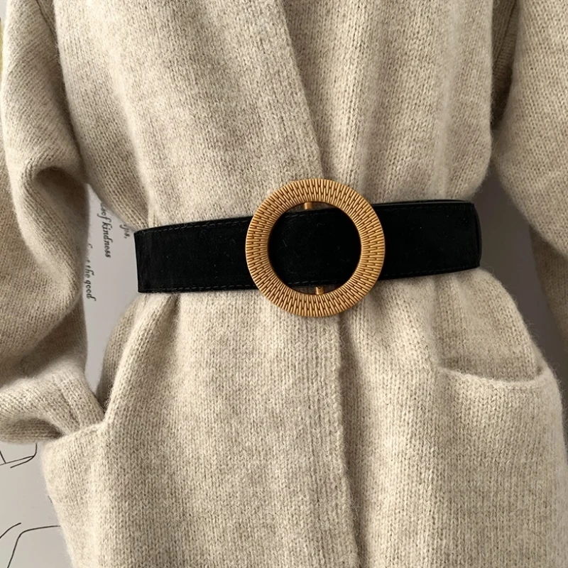 Ladies Fashion Acrylic Round Buckle Without Hole Simple Belt Suede Autumn Winter Coat All-Match Wide With Skirt Sweater Belts