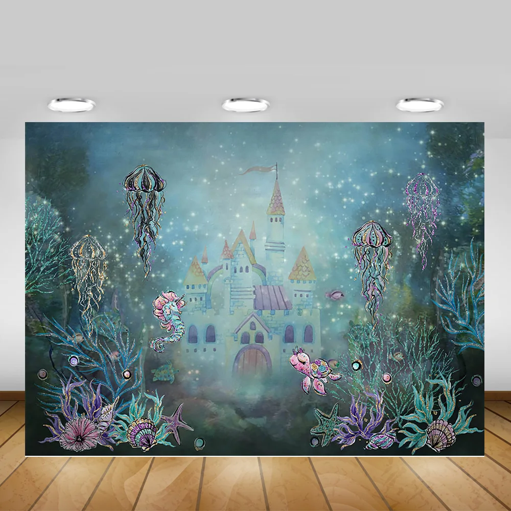 Mermaid Castle Newborn Baby Birthday Backdrop Underwater World Fairy Tale Background Coral Jellyfish Sea Turtle Photocall | Электроника