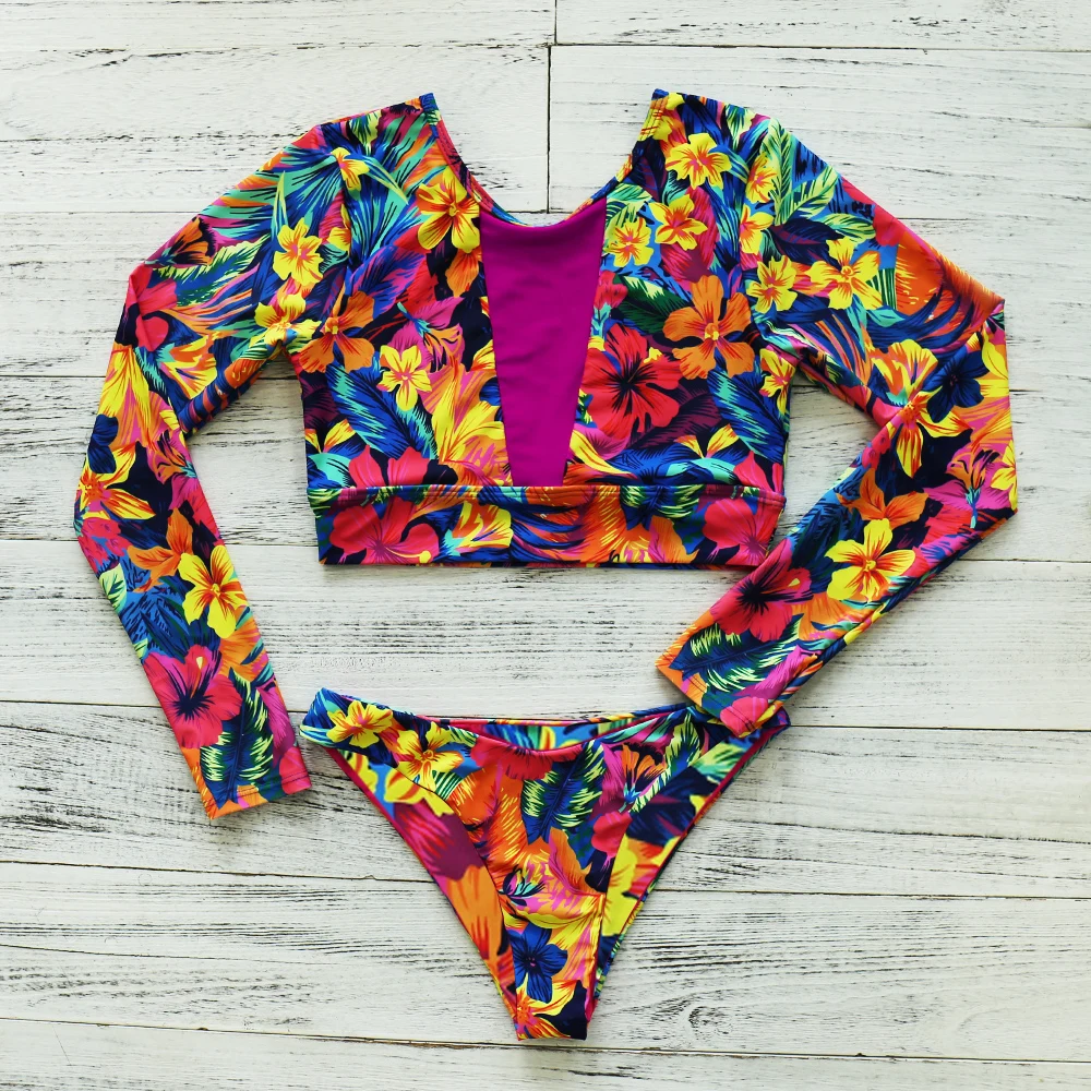 2020 New Sexy Long Sleeve Bikinis Women Swimsuit Green Leaves Print Bathing Suits Beachwear Brazilian Bikini Set Biquini Female