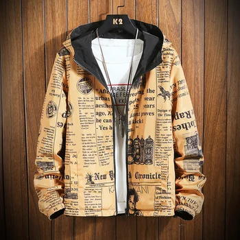 

Spring Autumn Thin Windbreaker Jacket Mens Reversible Letter Print Street Couple Jacket Coat Young Male Hooded Bomber Outwear