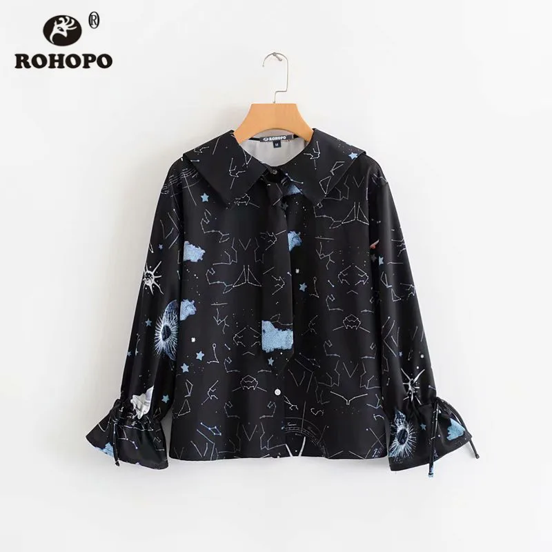 

ROHOPO Women Starry Night Printed Stain Black Butterfly Long Sleeve Blouse Peter pan Collar Chic Ladies Top Shirt #7311