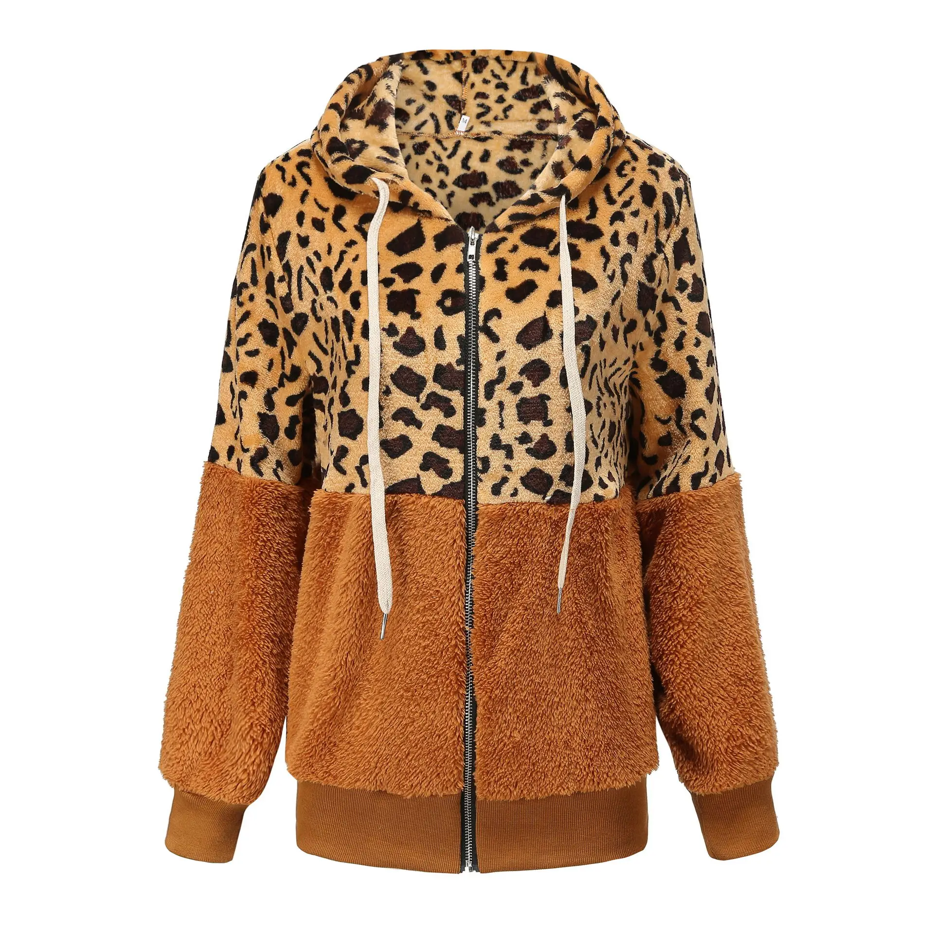 Khaki Leopard Faux Fur Coat Women Winter Warm Fleece Sweatshirt Zipper Hoodie Outerwear Splice Oversized New Imitation Fur Coat Female - Цвет: Khaki