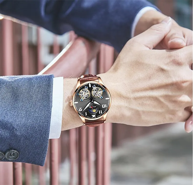 Швейцарские водонепроницаемые Механические мужские повседневные часы с двойным турбийоном, лучший бренд, роскошные кожаные деловые автоматические мужские часы