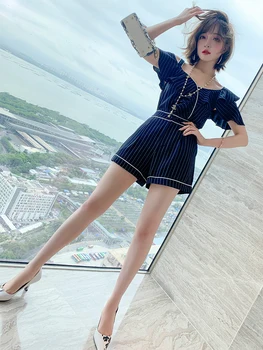 

Trendy Cross-Body Ruffled off-Shoulder Shirt + Striped High Waist Slimming Wide Leg Pants Suit Women's Fashion Summer New