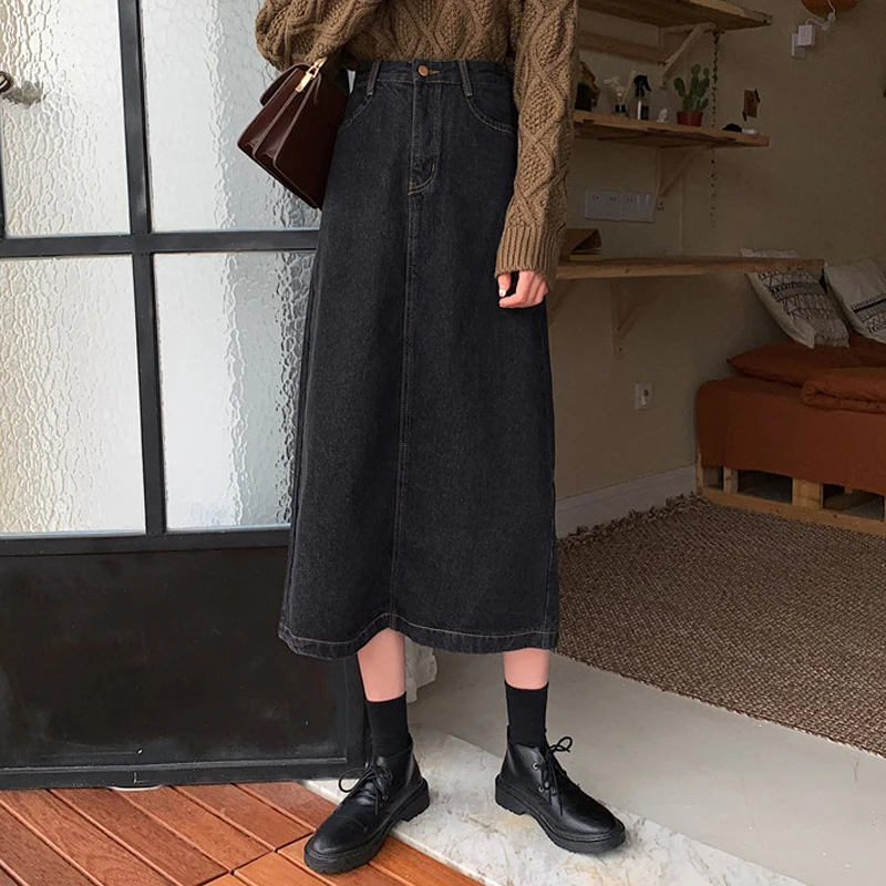 Women's Vintage High Waist Denim Skirt Autumn Winter New Korean Loose Wild A-line Mid-Calf Skirt Women's Long Skirt ML242