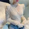 Blouses Women Elegant V Neck Slim Hollow Out Lace Blouses Autumn All-match Vintage Full Puff Sleeve Elastic Shirts Tops 2