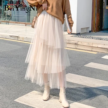 

Beiyingni Mesh Tulle Skirt Solid Color Irregular Vintage Harajuku Bridesmaids Cupcake Midi Tutu Skirt Women Apricot Black Faldas