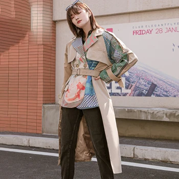

LANMREM 2020 Spring New Long-sleeved Abstract Pattern Printing Stitching Fashion Ladies Irregular Hem Khaki Trench Coat PB33604