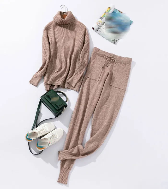 Women Autumn Winter Sweater Suit Sets Fashion Thick 2PCS Track Suit Female Knitted Trousers+Jumper Tops Costume Two Piece Set
