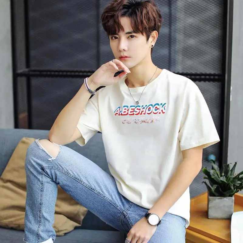Cotton Tee Round Neck T-shirts Men Art Letter Print Short Sleeve Loose Short sleeve Top fashion and simple casual men's clothing